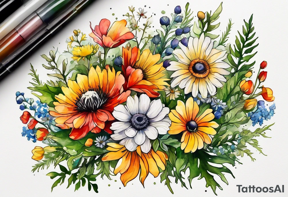 simple wildflowers cascading with thistles, ferns, white anemones, sun flowers, yellow flowers, red flowers, green flowers, buttercups, orange flowers, babys breath and daisies all in watercolor tattoo idea