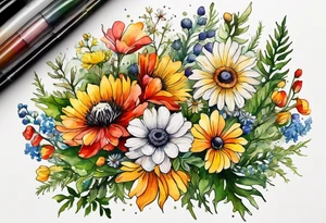 simple wildflowers cascading with thistles, ferns, white anemones, sun flowers, yellow flowers, red flowers, green flowers, buttercups, orange flowers, babys breath and daisies all in watercolor tattoo idea