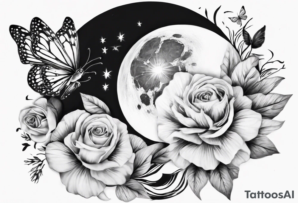 Thigh tattoo with floral and butterflies and moon. Show on thigh tattoo idea