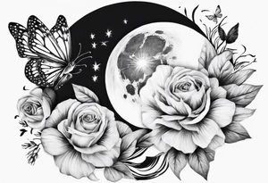Thigh tattoo with floral and butterflies and moon. Show on thigh tattoo idea
