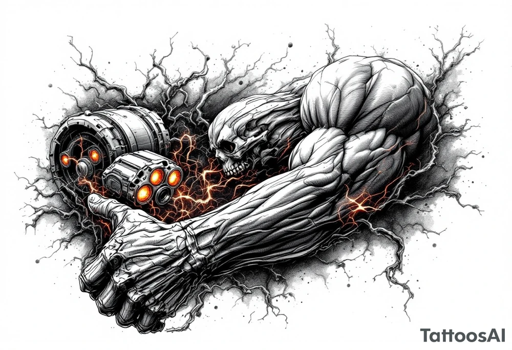 A ripped-skin illusion showing carbon fiber muscles and glowing orange pistons in motion. tattoo idea