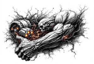 A ripped-skin illusion showing carbon fiber muscles and glowing orange pistons in motion. tattoo idea