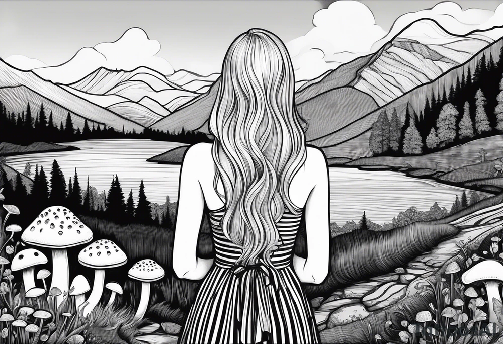 Straight long blonde hair girl in distance holding mushrooms in hand facing away toward mountains and creek surrounded by mushrooms black and white striped dress tattoo idea