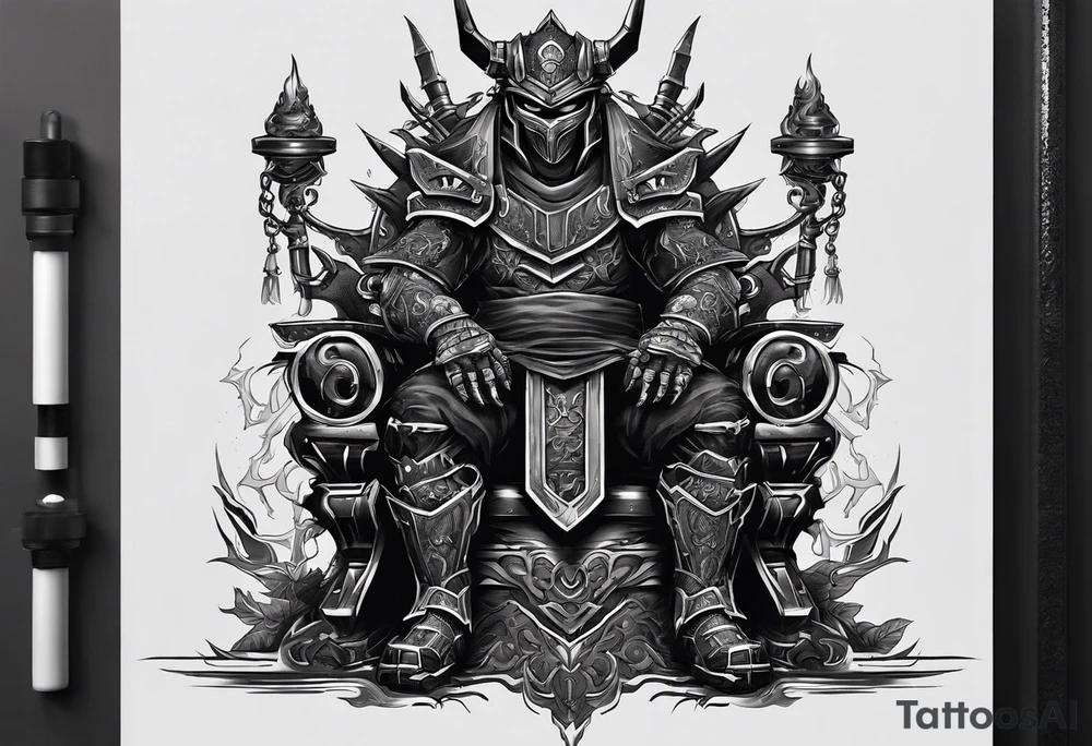 Angry robot demon ninja with demon mask sitting on his throne tattoo idea