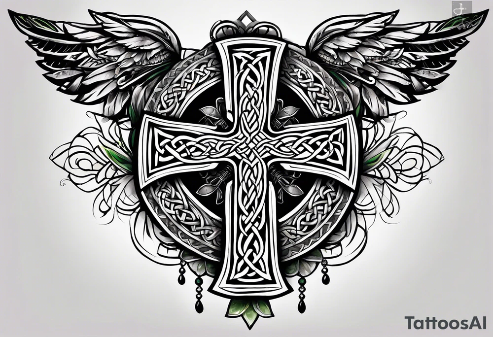 Celtic cross, shamrock in center, one Indian feather hanging from each side arm of cross tattoo idea