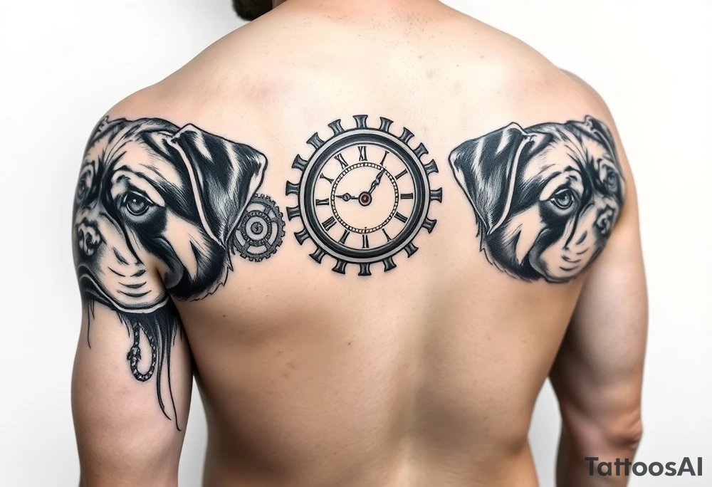 Mechanical round Gears that look like clocks connected to one another Rottweilers  a complete right arm sleeve tattoo idea