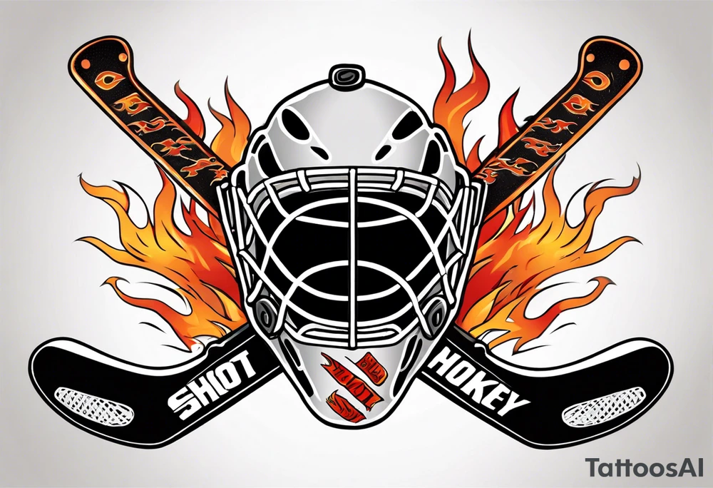 a goalie mask with crossed hockey sticks and flames that says "SHOT HOCKEY" tattoo idea