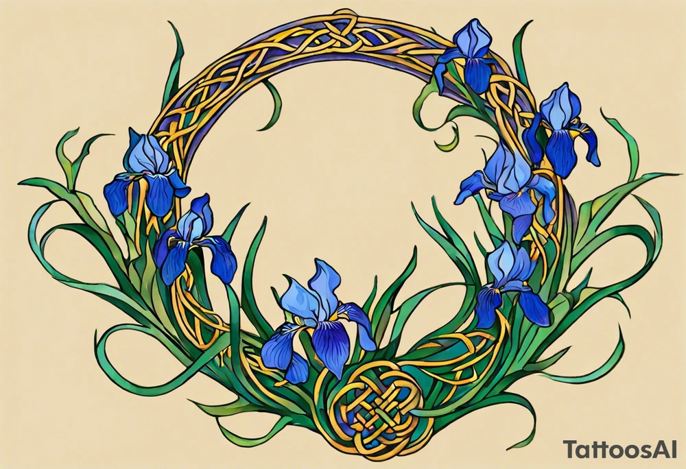 Create a colorful small Vincent van Gogh Irises tattoo with Celtic knots. The tattoo should take the form of a crescent, with vines gracefully intertwining at a central point in the middle of the wreath. Ensure that the design avoids the appearance of a bush and maintains a more structured and deliberate arrangement. The intended placement is on the upper chest. The overall design should be small in size while maintaining a delicate and artistic aesthetic. Pay attention to the graceful flow of the vines and the placement of the irises to achieve a refined and elegant look tattoo idea