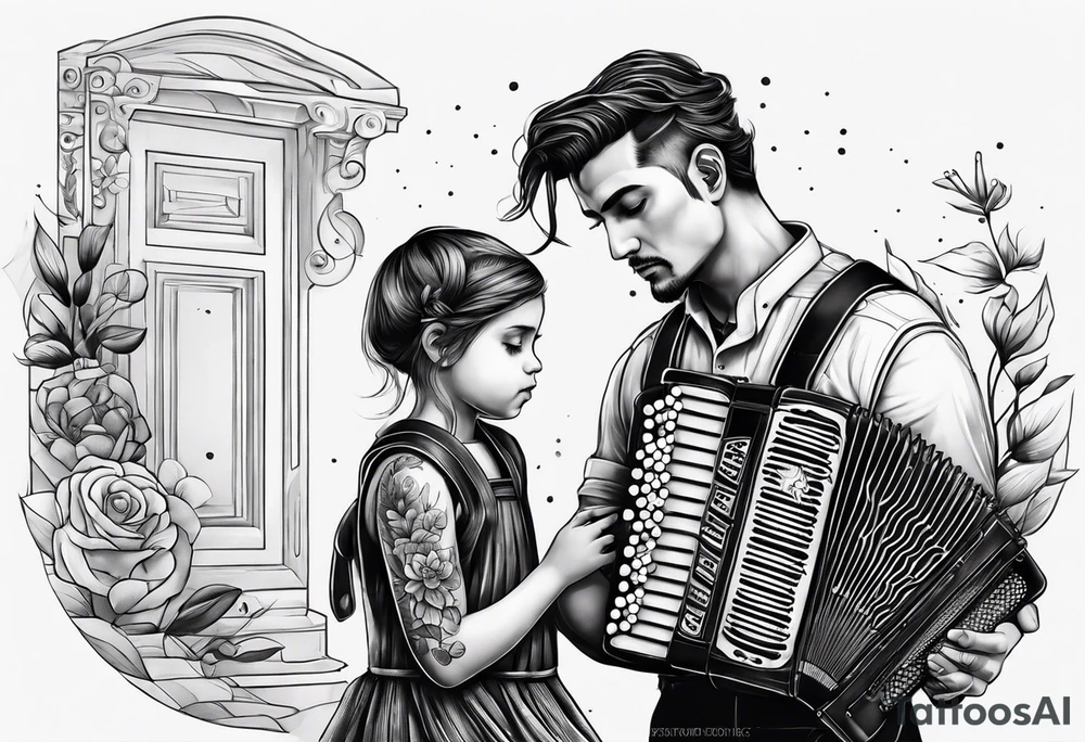 sad man with accordion and his young child girl tattoo idea