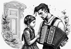 sad man with accordion and his young child girl tattoo idea