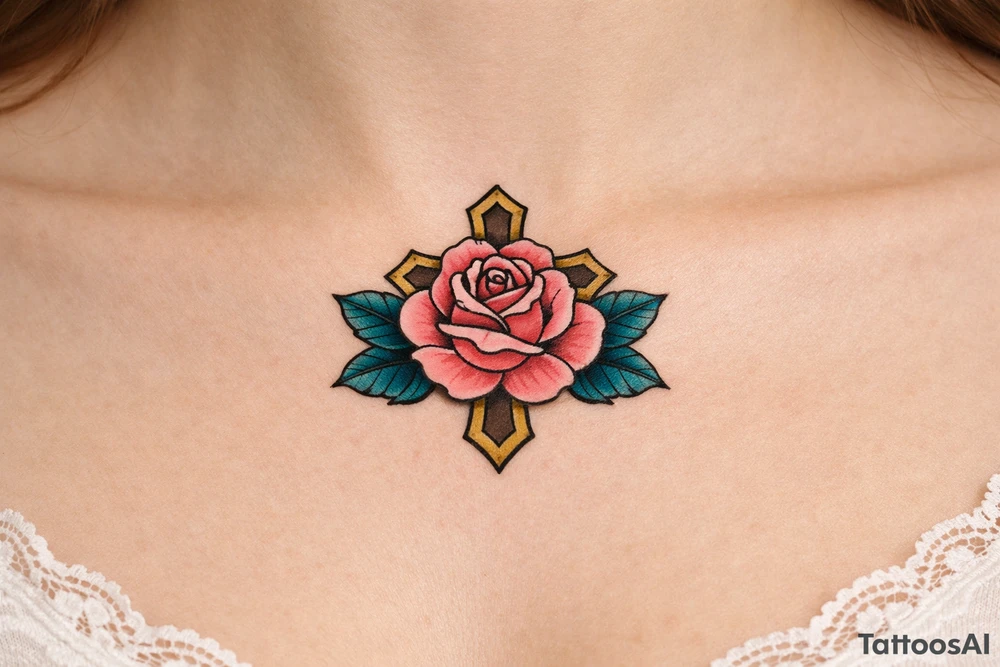 Pink rose , petrol leaves no stem, 
 cross behind it tattoo idea