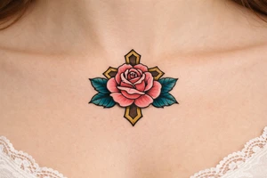 Pink rose , petrol leaves no stem, 
 cross behind it tattoo idea
