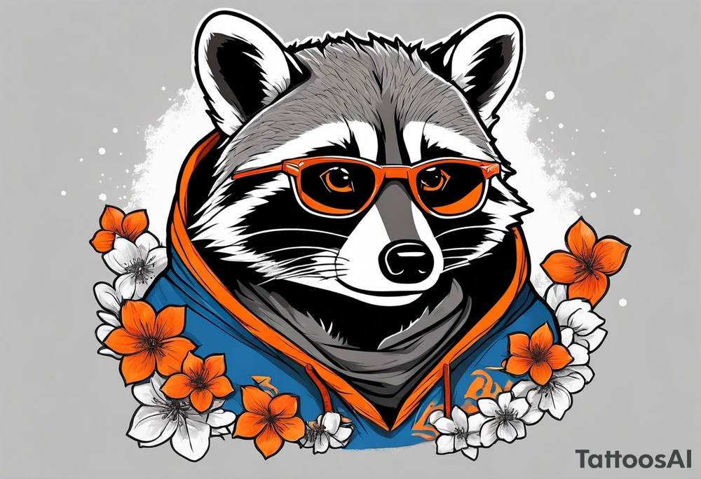raccoon wearing a Superman hoodie with black and white logo and orange Japanese cherry blossoms tattoo idea