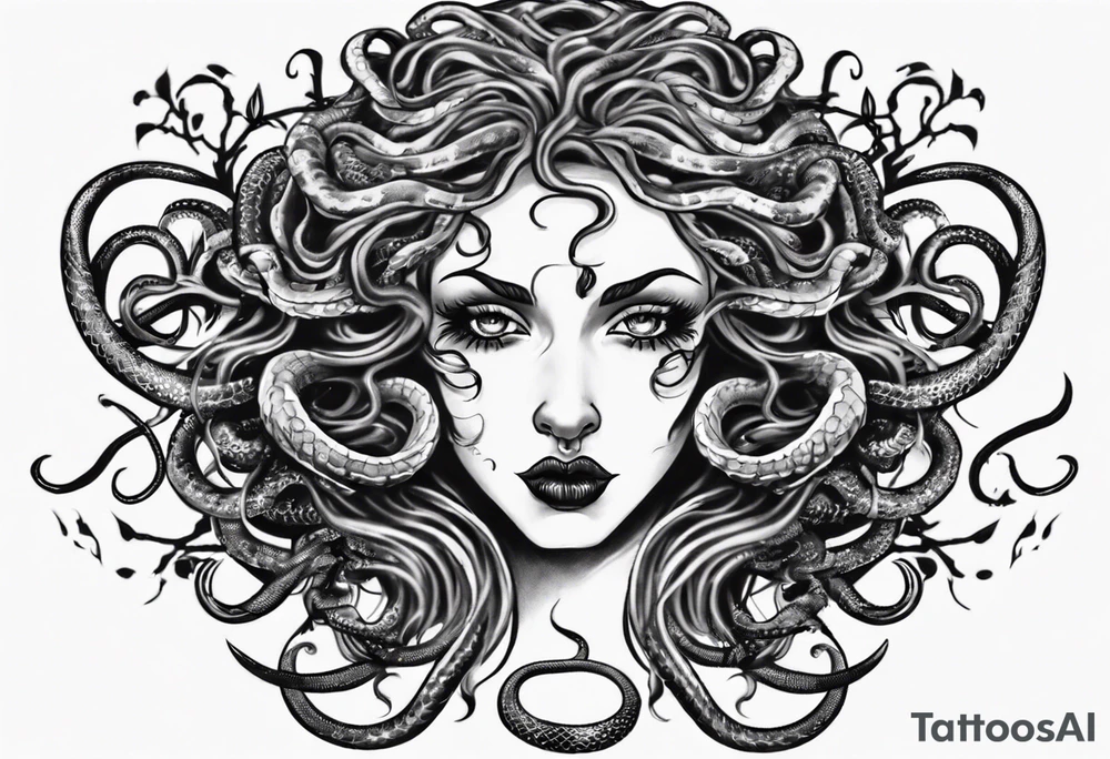 Dark/goth Medusa with white pupils and curly snake hair. Lilies tattoo idea