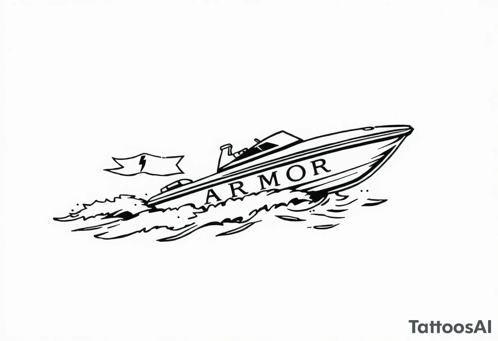 Traditional style tattoo, with a jet boat in the water, with a banner that says “ARMOR” in traditional lettering, add traditional aspects to this tattoo . tattoo idea