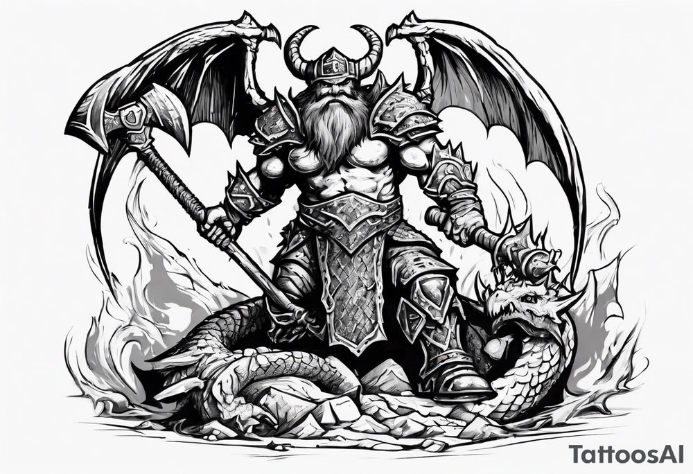 dwarven warrior with a war axe fighting against a dragon in the pit of hell tattoo idea