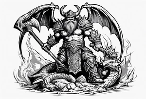 dwarven warrior with a war axe fighting against a dragon in the pit of hell tattoo idea