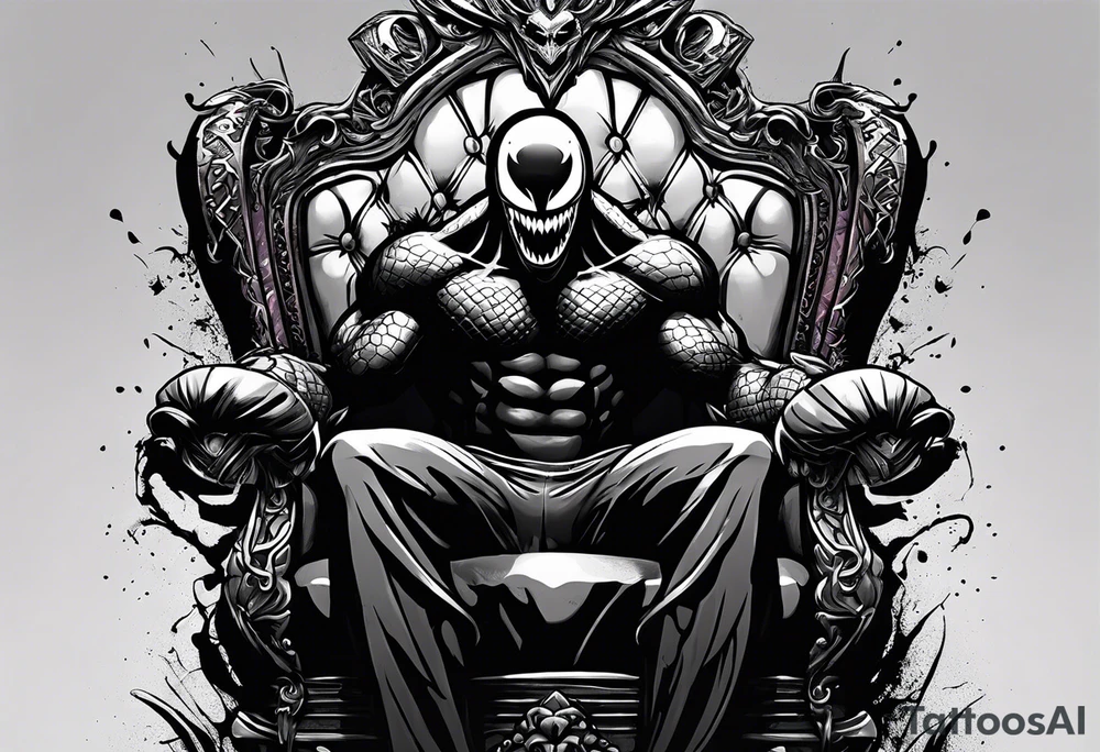 Smiling Venom with tongue out on throne with paint drip with Kobe’s black mamba symbol on the chest tattoo idea
