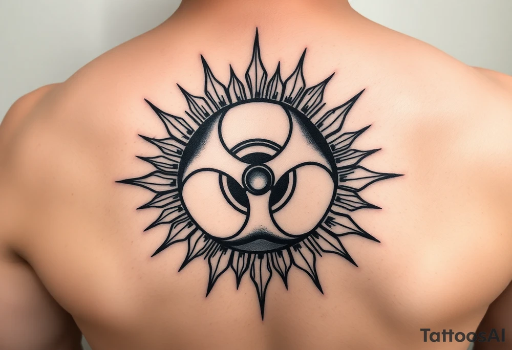 biohazard symbol inside a sun with bold lines, in an old-school black ink style. tattoo idea