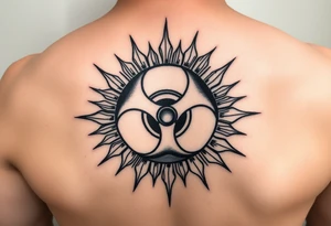 biohazard symbol inside a sun with bold lines, in an old-school black ink style. tattoo idea