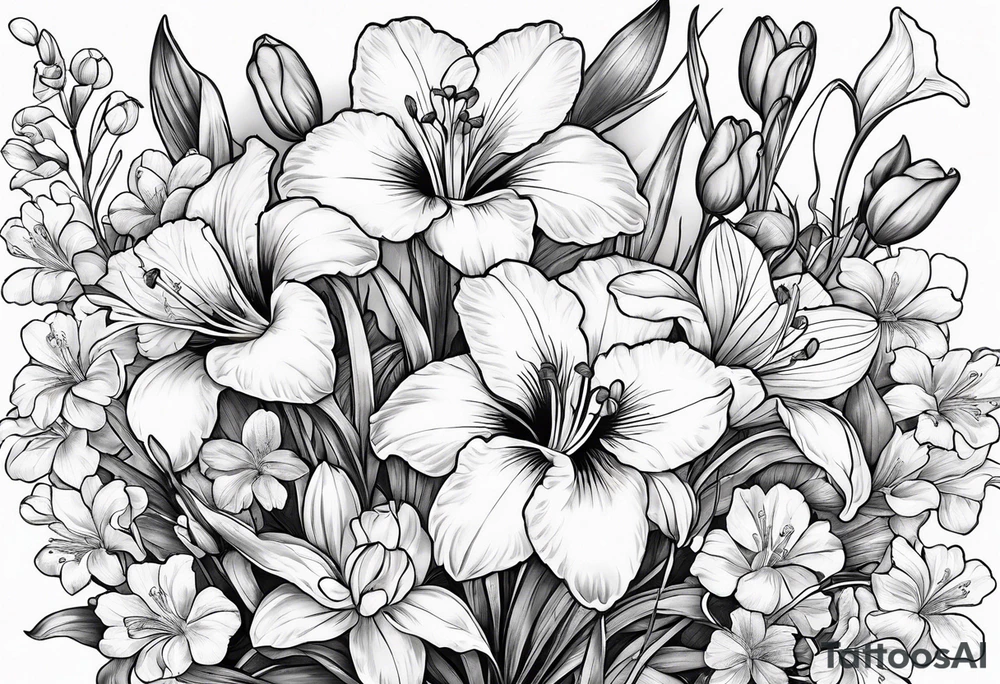 i want a bouquet of flowers that include a snowdrop, iris, cherry blossom, daisy and morning glory tattoo idea