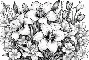 i want a bouquet of flowers that include a snowdrop, iris, cherry blossom, daisy and morning glory tattoo idea
