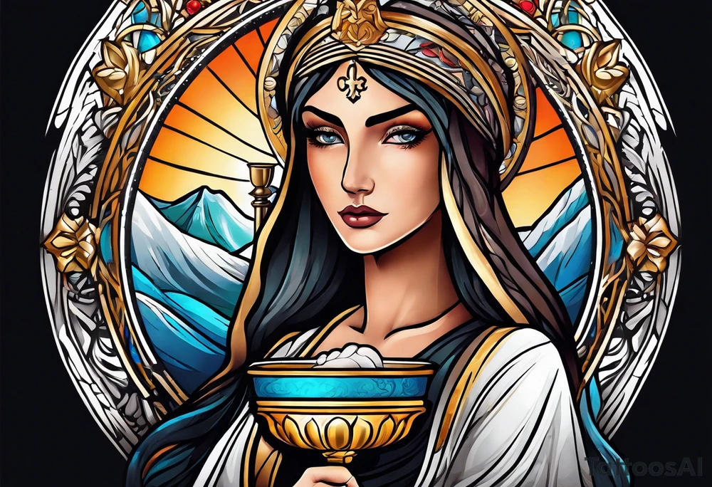 Female saint holding a chalice tattoo idea