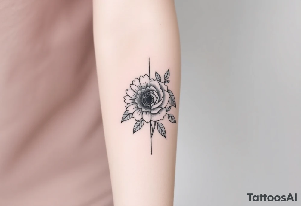 A single symmetrical flower composed of a sunflower on the left half and a rose on the right half, split perfectly down the middle. Surrounding the flower are greenery and leaves. This tattoo is for a woman's arm, so it should also extend vertically. The overall style is minimalist and elegant, with fine lines and no shading or color. tattoo idea