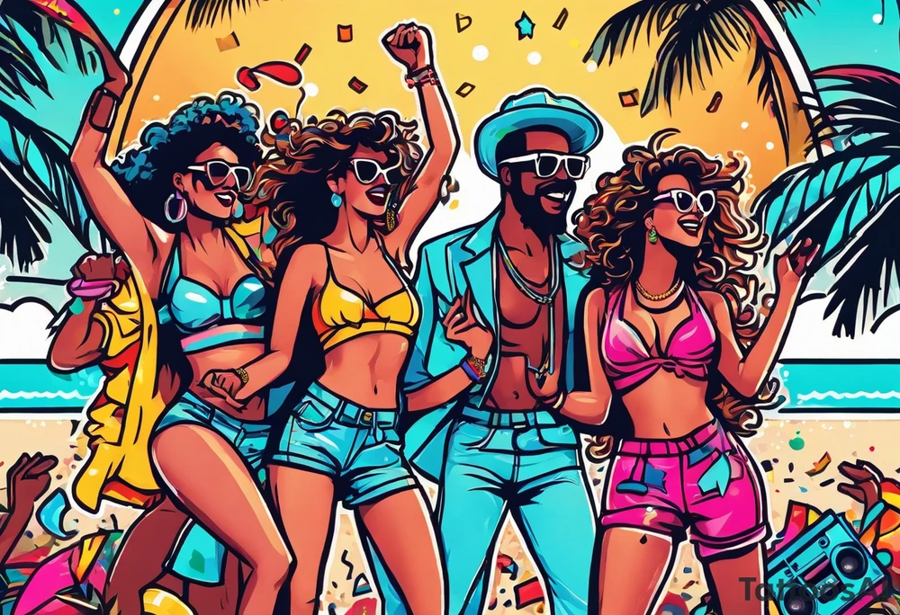 1980's style dance party with boom box and confetti in a beach theme. include people in 80's miami beach clothes, music note. tattoo idea
