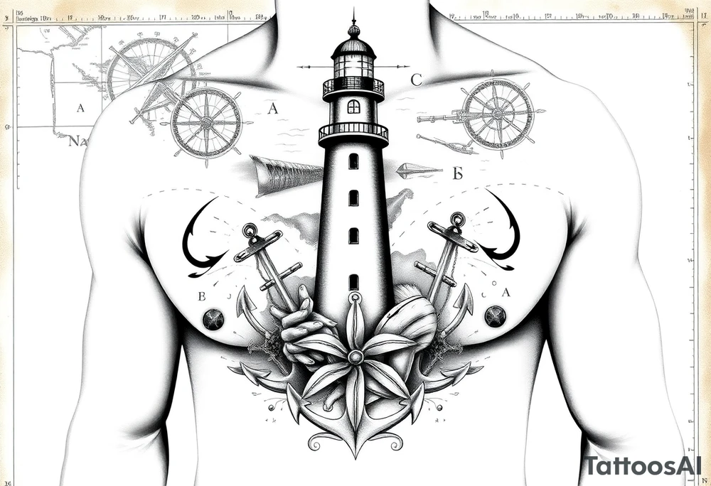 Full Chest / Shoulder Maritime Tattoo Concept

A large black and grey tattoo starting from the chest and flowing naturally toward the shoulder and upper arm.

Main centerpiece:
A lighthouse placed high in the composition, symbolizing guidance, strength, and finding your way through difficult times.

Surrounding elements:

* Anchors integrated around the lighthouse to represent stability, roots, and connection to the sea.
* Ship propellers blended into the design for movement, journey, and life experience.
* An old nautical logbook / map texture in the background to create depth and tell a personal story.
* Latitude and longitude coordinates of meaningful places you want to carry with you.
* Important dates dedicated to your grandfather, hidden subtly inside the composition as engraved details rather than obvious text.

Syros element:
Include a discreet reference to Syros — either:

* the outline of the island,
* details inspired by the harbor,
* or subtle architectural elements connected to the island’s identity.

Style:

* Black & grey realism
* Strong shading and depth
* Detailed but balanced (not overcrowded)
* Designed to flow naturally with the body shape from chest → shoulder → arm tattoo idea