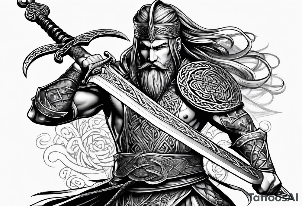 Celtic warrior facing left with sword drawn full body tattoo idea