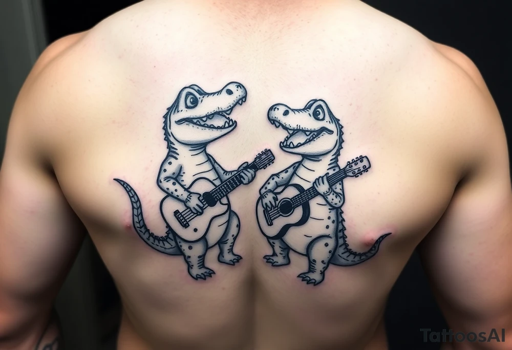 Two cartoon alligators playing music together tattoo idea