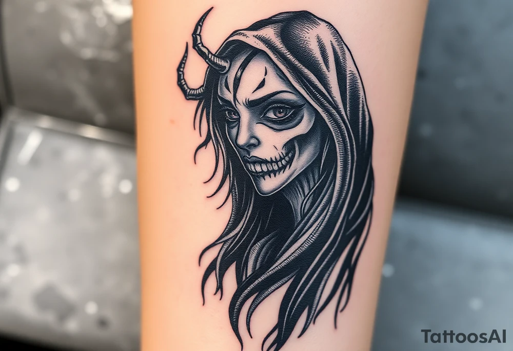 A chilling Hel, the half-dead Norse goddess of the underworld, her face split between lifelike beauty and skeletal darkness, draped in a tattered black cloak tattoo idea