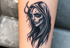 A chilling Hel, the half-dead Norse goddess of the underworld, her face split between lifelike beauty and skeletal darkness, draped in a tattered black cloak tattoo idea