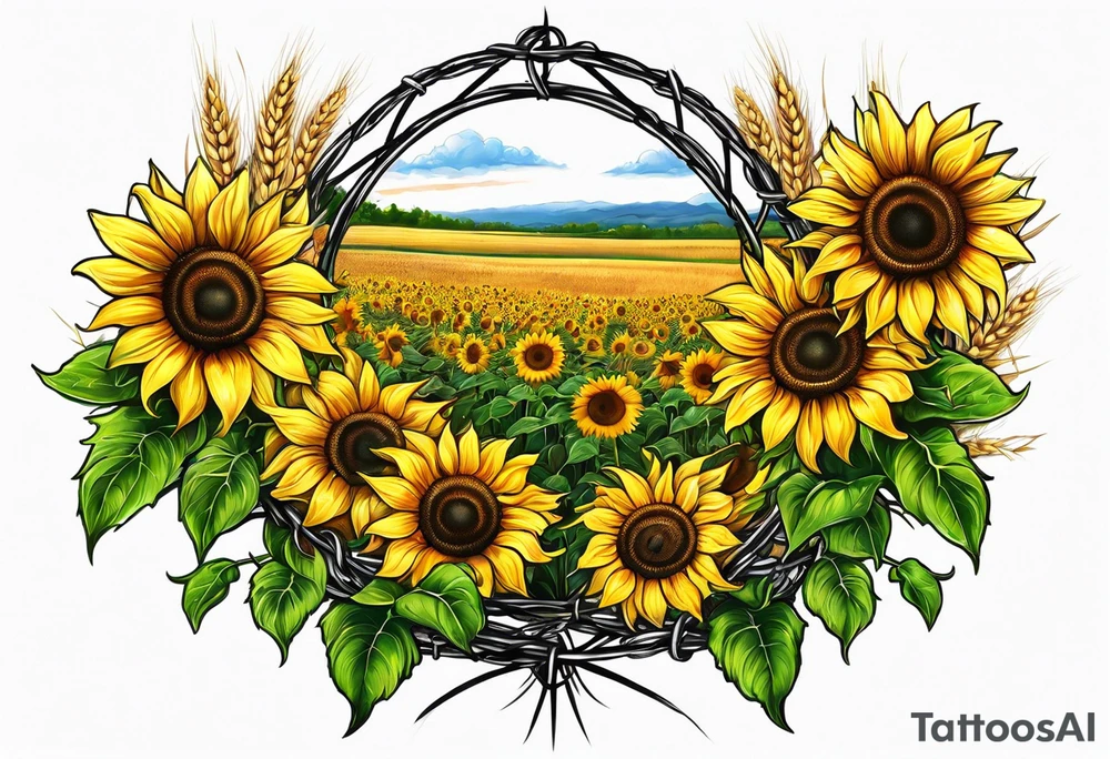 Sunflower, wheat, and barbed wire half sleeve tattoo idea