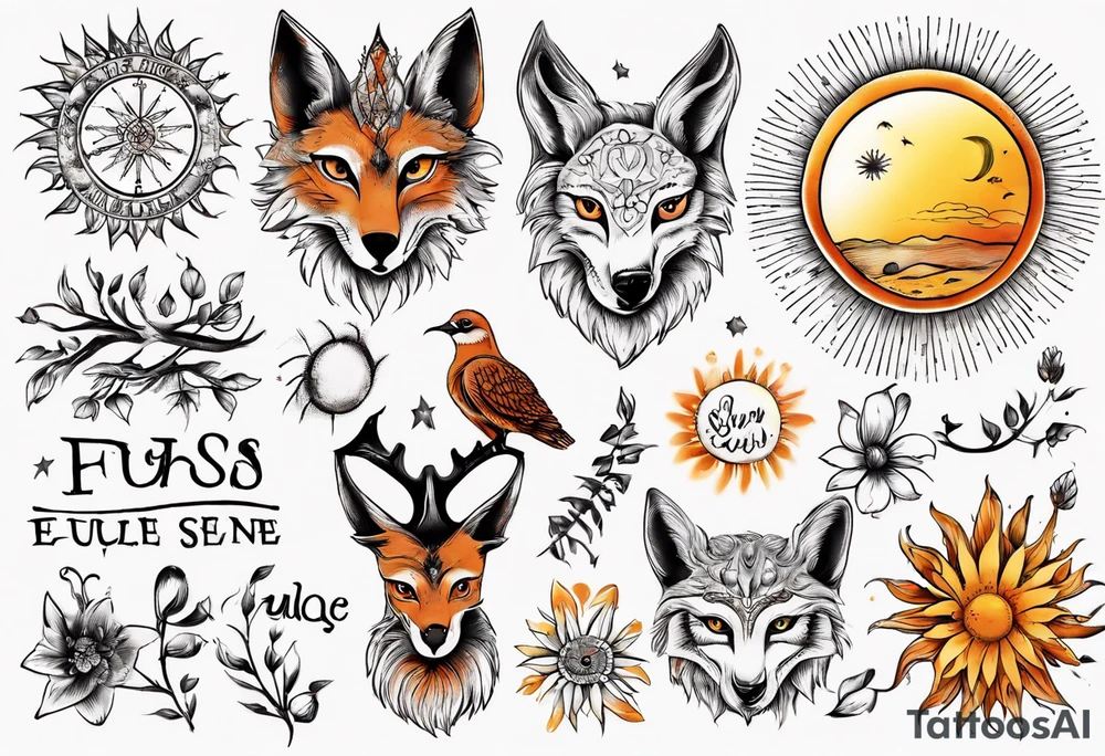 Fuchs und Eule unter der Sonne mit dem Schriftzug Sapere Aude tattoo idea