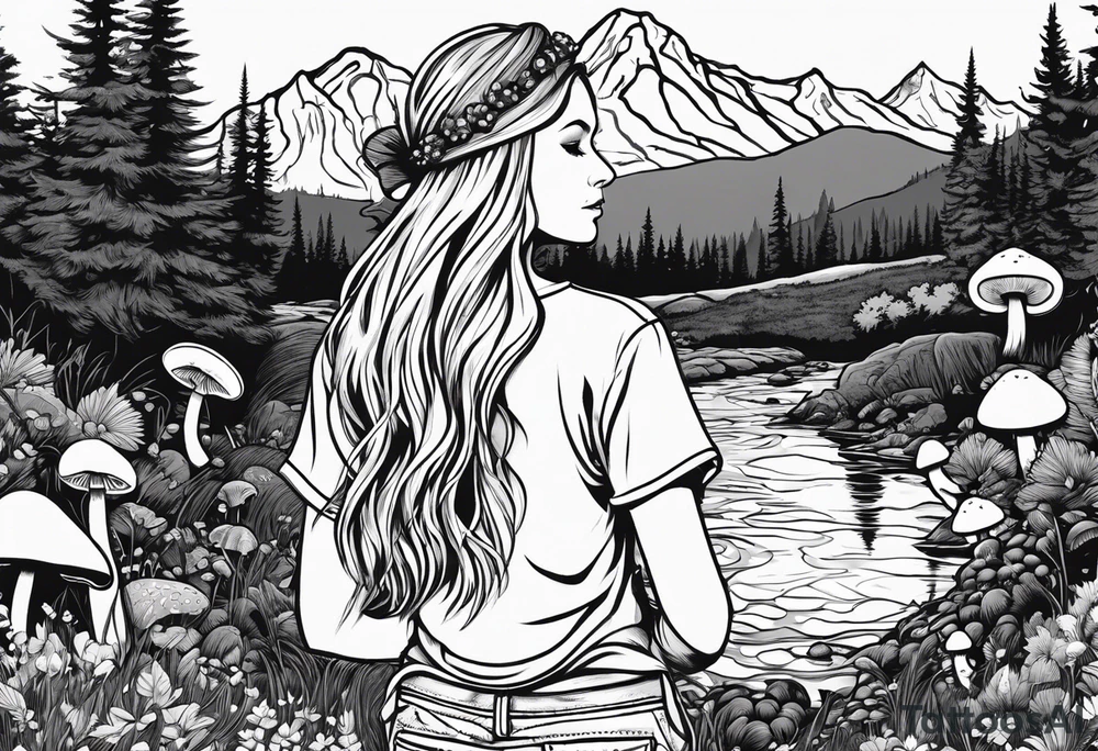 Straight long blonde hair hippie girl in distance holding mushrooms in hand facing away toward mountains and creek surrounded by mushrooms tee shirt and hiking pants; whole rendering within a full circle, no cut off circle tattoo idea