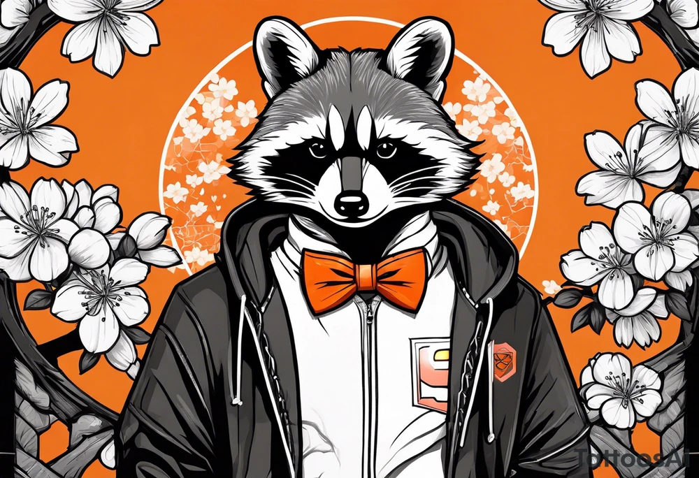 Raccoon wearing a white Superman logo on a black hoodie and orange Japanese cherry blossoms tattoo idea