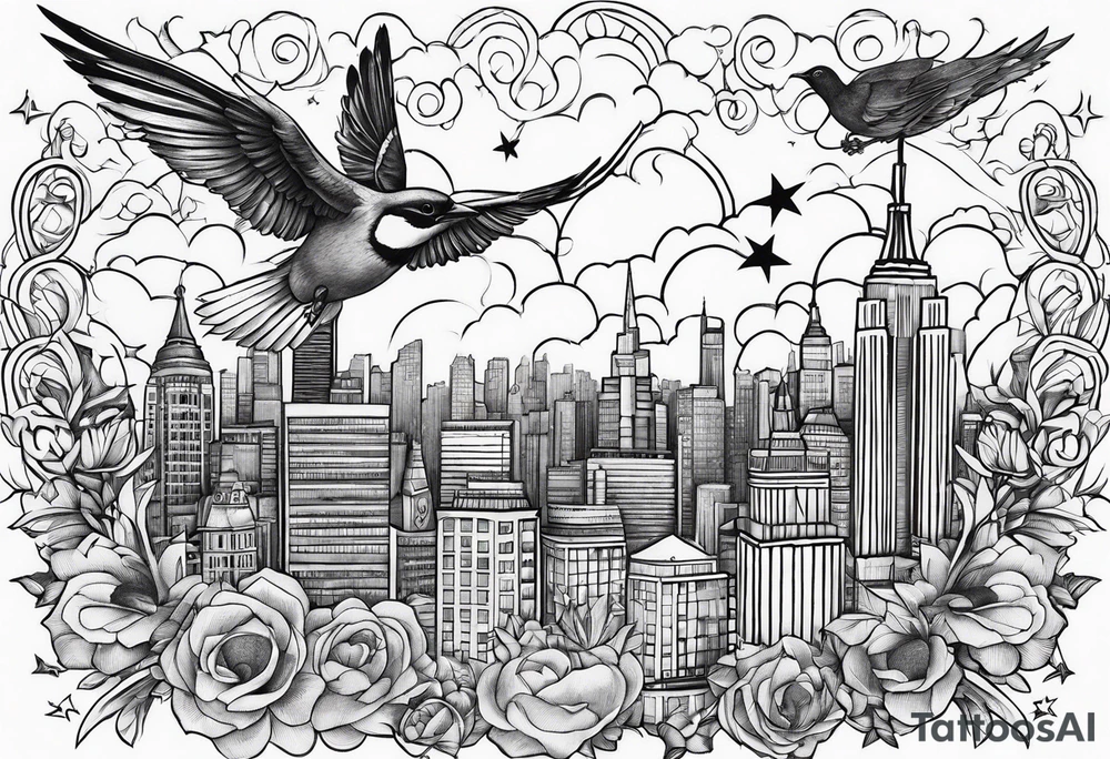 stars, clouds, birds, city tattoo idea