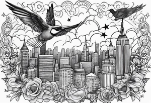 stars, clouds, birds, city tattoo idea