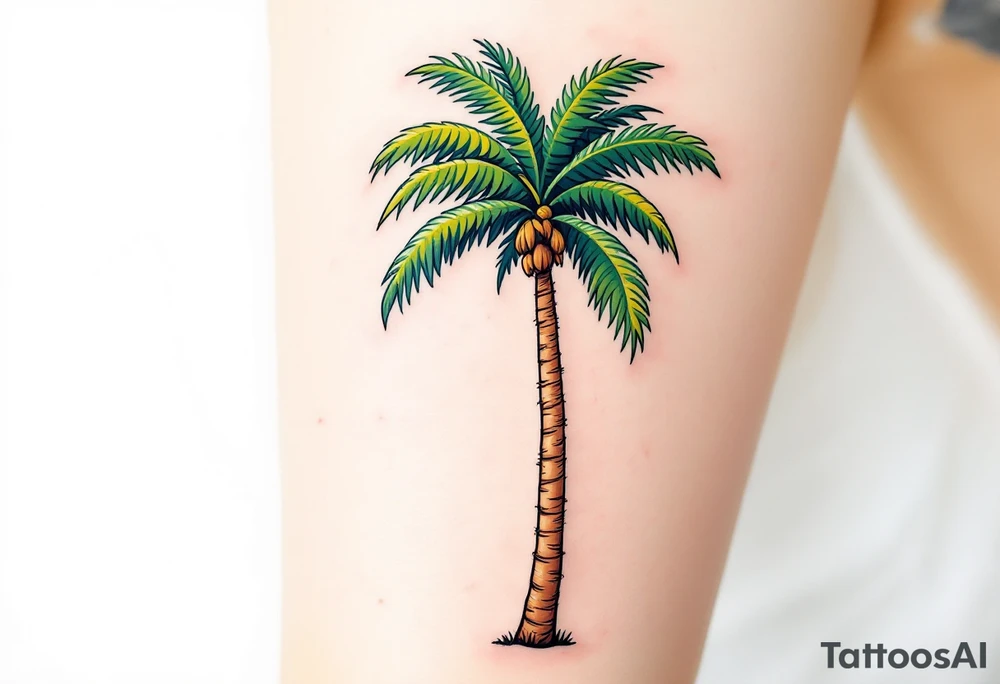 A tall, slender palm tree with a textured sandy-brown trunk and wide, vibrant green fronds gently arching outward. tattoo idea