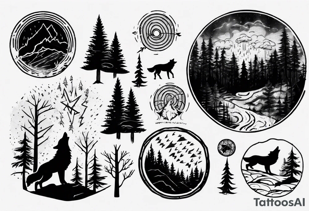 a thunder and lightning storm over a forest with a distant wolf howling and a drum circle tattoo idea a thunder and lightning storm over a forest with a distant wolf howling and a drum circle tattoo idea