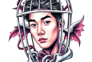 Handsome Asian young guy in evils cage tattoo idea