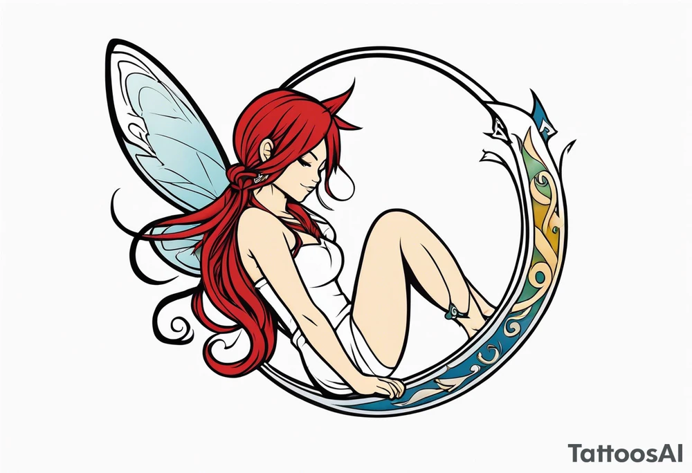 A fairy with a tail inspired by the logo of the show called Fairy Tail in a fetal position leaning in tattoo idea