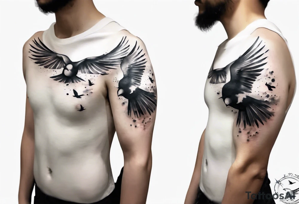 shoulder tattoo with light rays with birds flying free among the clouds, round shape, 3d effect tattoo idea