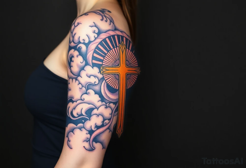 cast all your anxiety on him because he cares for you"  surrounded with clouds and cross big horizontal tattoo idea