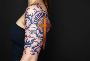 cast all your anxiety on him because he cares for you"  surrounded with clouds and cross big horizontal tattoo idea
