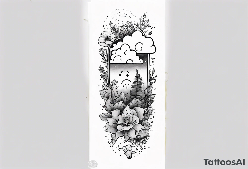 a forearm tattoo with a cloud with little plants and underneath it the date 12.08.05 tattoo idea
