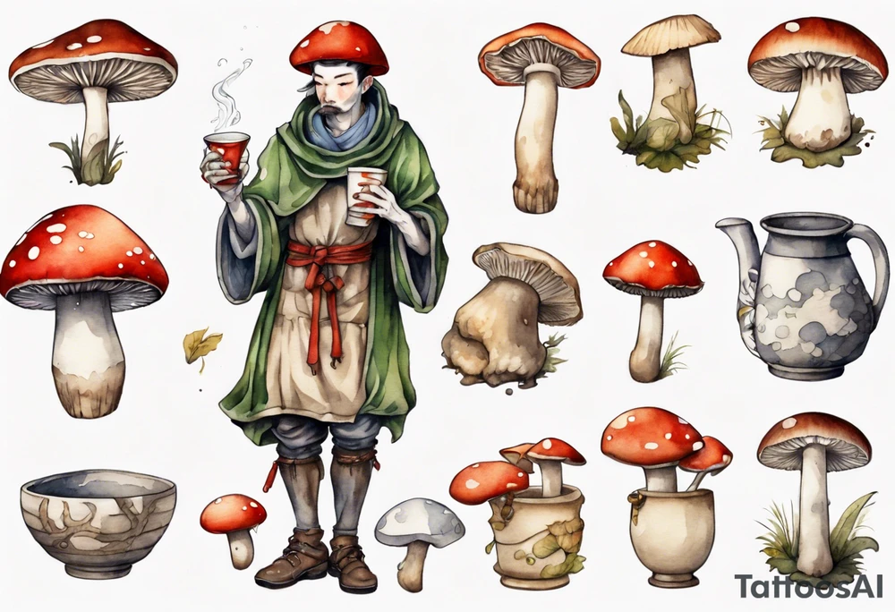 mushroom wearing a medieval tunic drinking from a wood cup tattoo idea