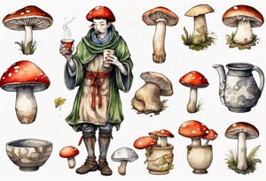mushroom wearing a medieval tunic drinking from a wood cup tattoo idea